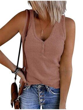 Womens Ribbed Henley Tank Top Button V Neck Sleeveless Stretch Summer Shirt